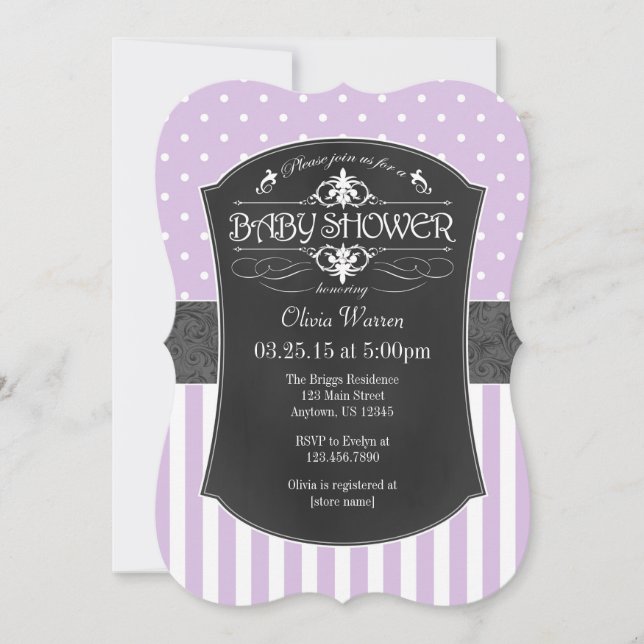 Invitation Baby shower des bandes de tableau noir gris Lavend (Devant)