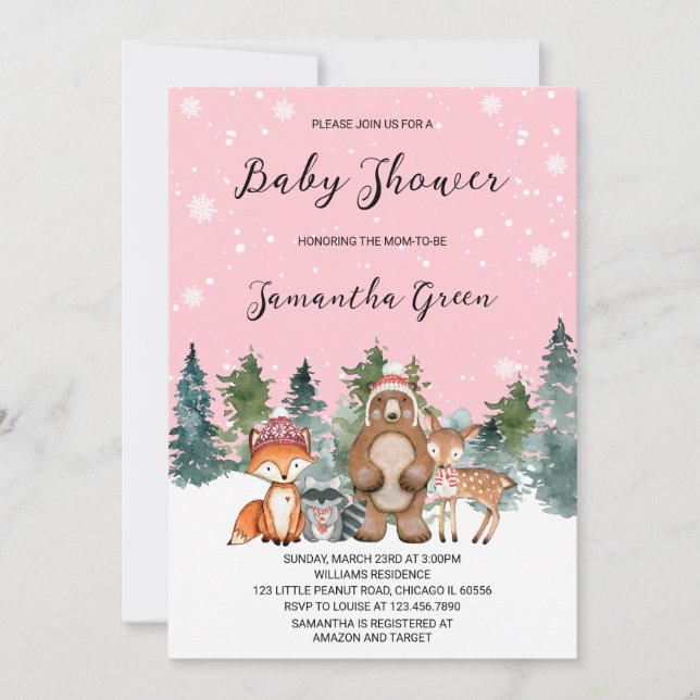 Invitation Baby shower des bois d'hiver pour filles (Devant)