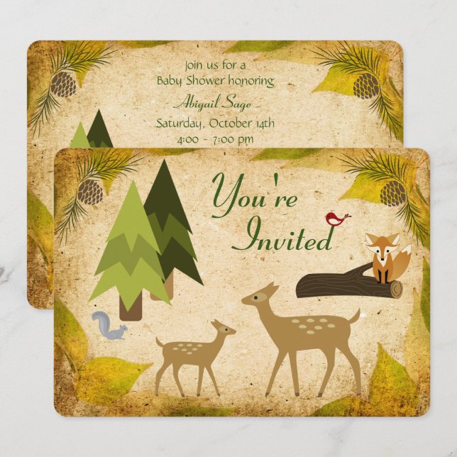Invitation Baby shower des cerfs et des animaux de (Devant / Derrière)