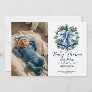 Invitation Baby shower des cloches de Noël d'hiver bleu