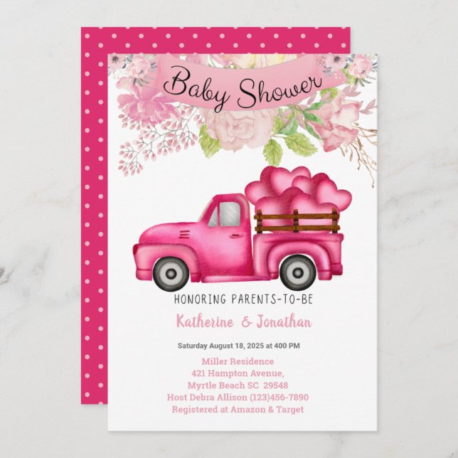Invitation Baby shower des coeurs de charge de camion rose (Devant / Derrière)