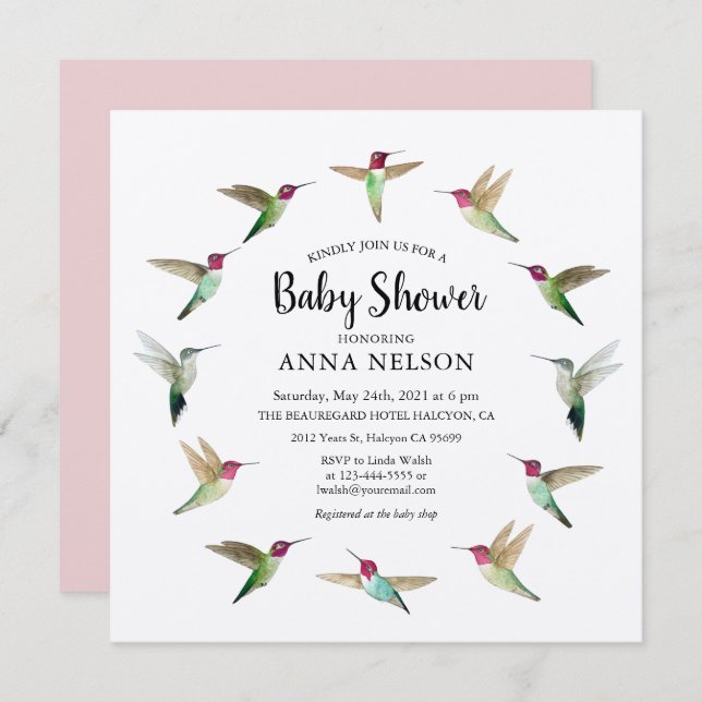Invitation Baby shower des colibris d'Anna (Devant / Derrière)