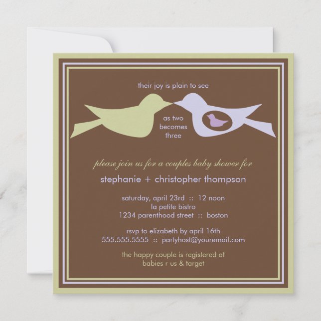 Invitation Baby shower des couples d'oiseaux Lilac et Sage (Devant)