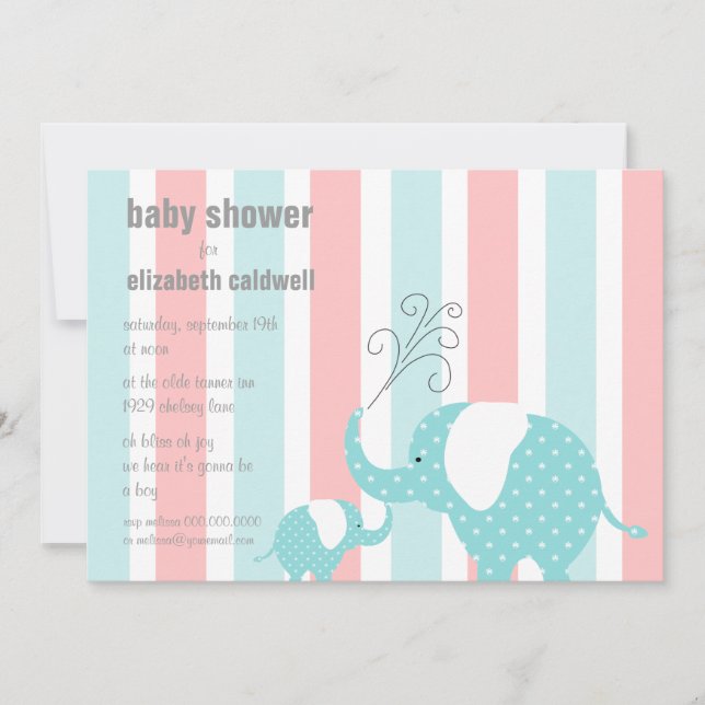Invitation Baby shower des éléphants - Aqua (Devant)