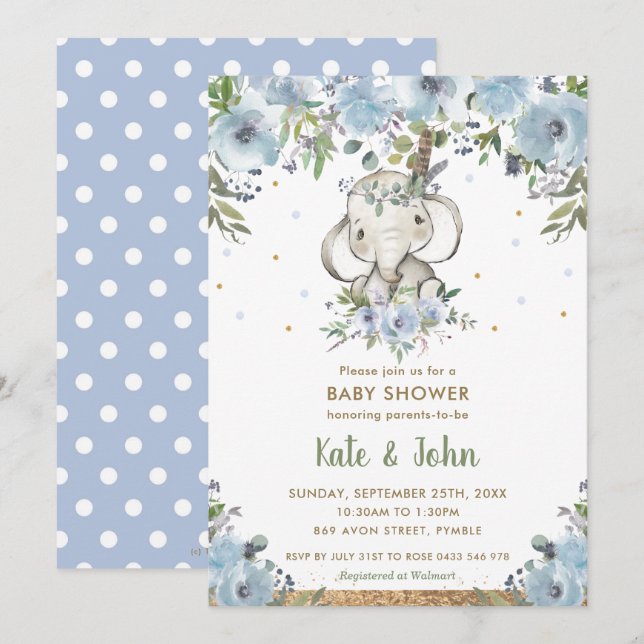 Invitation Baby shower des éléphants de la tribu Blue Floral  (Devant / Derrière)