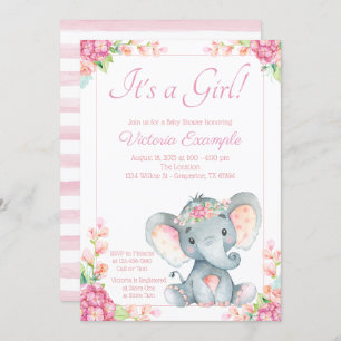 Invitation Baby shower des éléphants de petite fille