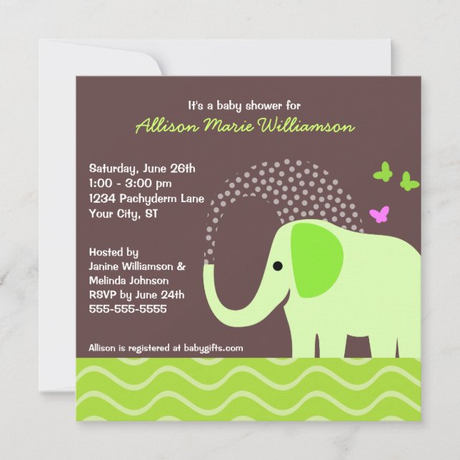 Invitation Baby shower des éléphants et des papillons (Devant)