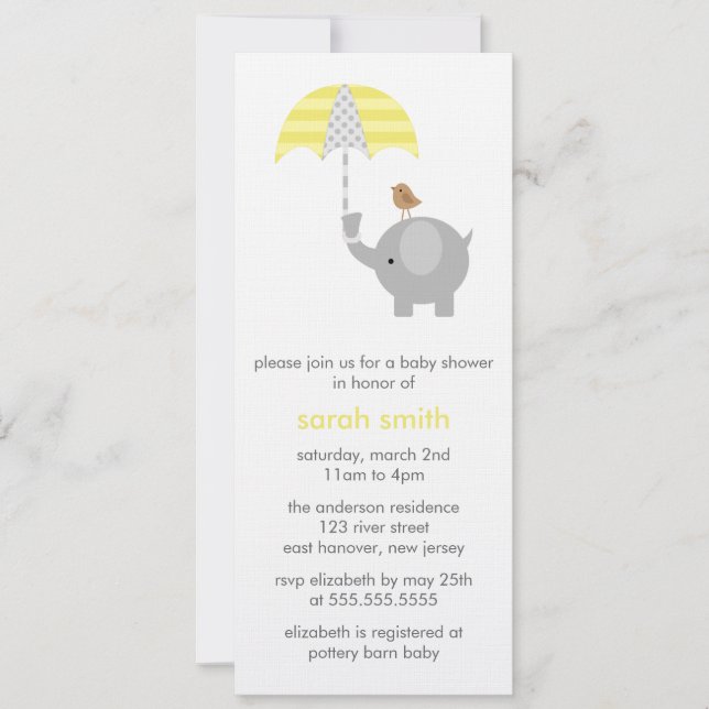 Invitation Baby shower des éléphants gris et jaune (Devant)