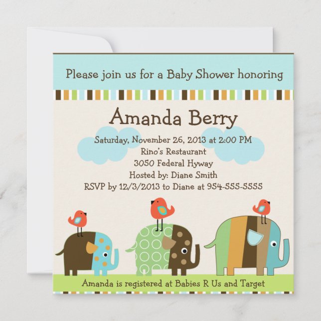 Invitation Baby shower des éléphants rayés d'Afriq (Devant)