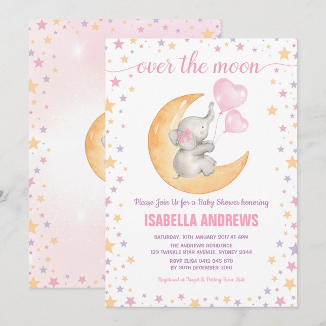 Invitation Baby shower des éléphants sur la Lune / Twinkle St (Devant / Derrière)