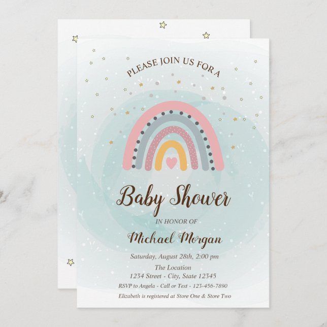 Invitation Baby shower des étoiles arc-en-ciel adorables (Devant / Derrière)