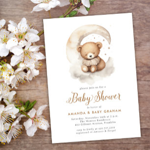 Invitation Baby shower des étoiles de la lune d'ours neutres