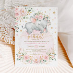 Invitation Baby shower des étoiles de la lune florale de l'él<br><div class="desc">Bienvenue à votre petite cacahuète douce avec cette invitation au baby shower féminin. Doté d'élégantes roses roses rousses, d'une douce végétation botanique verte et dorée, et d'un adorable petit éléphant endormi allongé sur une jolie lune rose. Cliquez sur le bouton "customiser plus loin" si vous souhaitez réorganiser et formater le...</div>