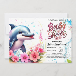 Invitation Baby shower des filles dauphins des vagues Whimsic