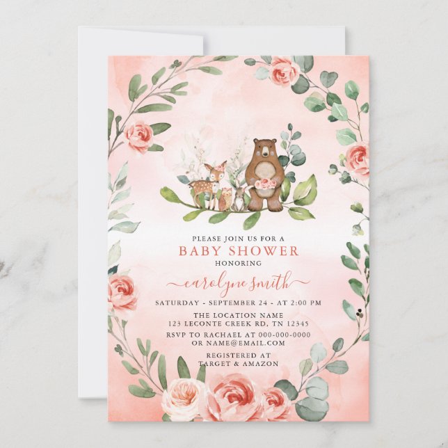 Invitation Baby shower des filles des animaux des bois (Devant)