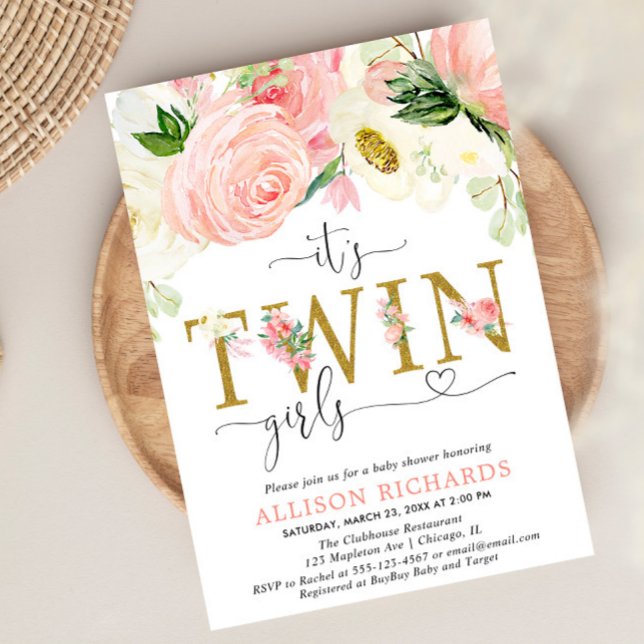 Invitation Baby shower des filles jumelles à fleurs rose et o (Créateur téléchargé)