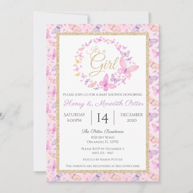 Invitation Baby shower des filles papillons rose et pourpre (Devant)