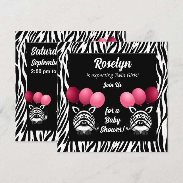 Invitation Baby shower des filles roses Zebra Twins (Devant / Derrière)