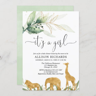 Invitation baby shower des filles, safari, jungle d'or
