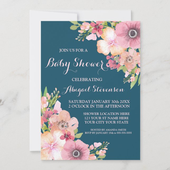 Invitation Baby shower des fleurs d'aquarelles bleues de la M (Dos)