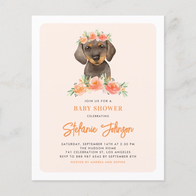 Invitation Baby shower des fleurs de dachshund et  (Devant)