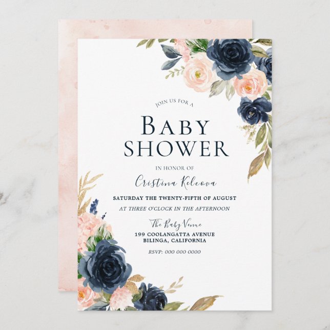 Invitation Baby shower des fleurs de pêche de la marine et de (Devant / Derrière)