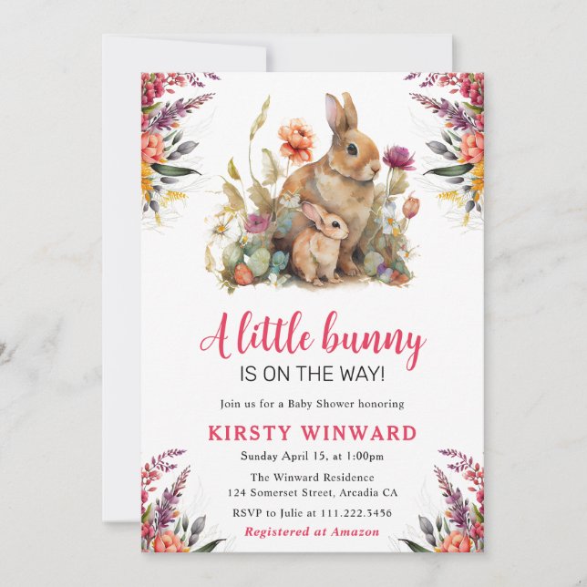 Invitation Baby shower des fleurs et lapins de printemps d'aq (Devant)