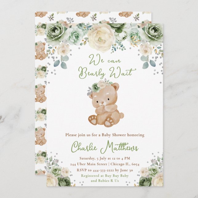 Invitation Baby shower des fleurs vert et ivoire de l'ours (Devant / Derrière)