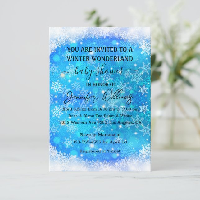 Invitation baby shower des flocons de neige bleu d'hiver (Debout devant)