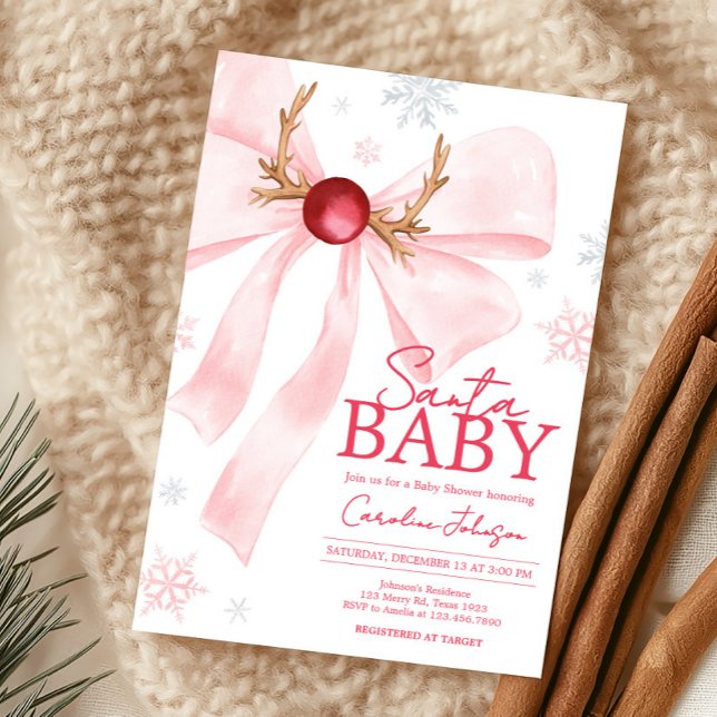 Invitation Baby shower des flocons de neige de Noël de Bow ro (Coquette Pink Bow Santa Baby Christmas Baby Shower Invitation)
