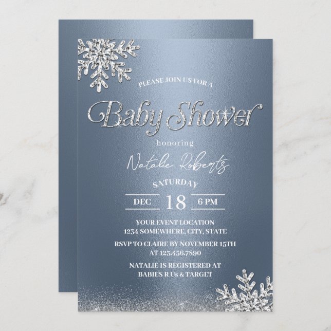 Invitation Baby shower des flocons de neige d'hiver moderne D (Devant / Derrière)