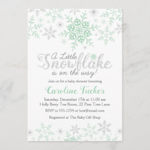 Invitation Baby shower des flocons d'hiver Mint vert et argen