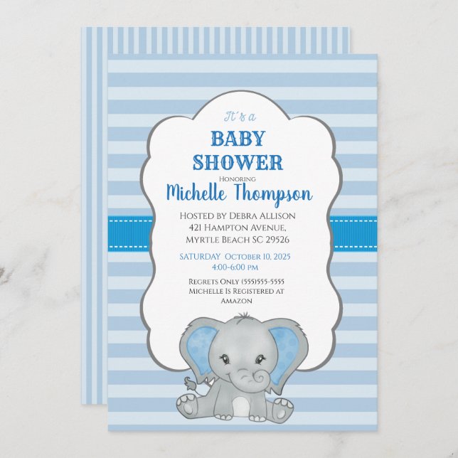 Invitation Baby shower des garçons Eléphant Bleu (Devant / Derrière)