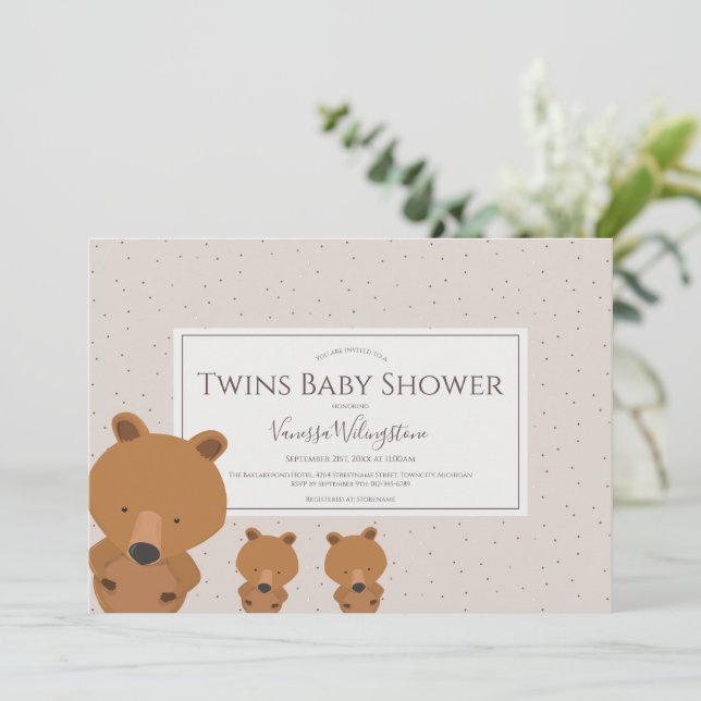 Invitation Baby shower des jumeaux de l'ours animal de bois (Debout devant)