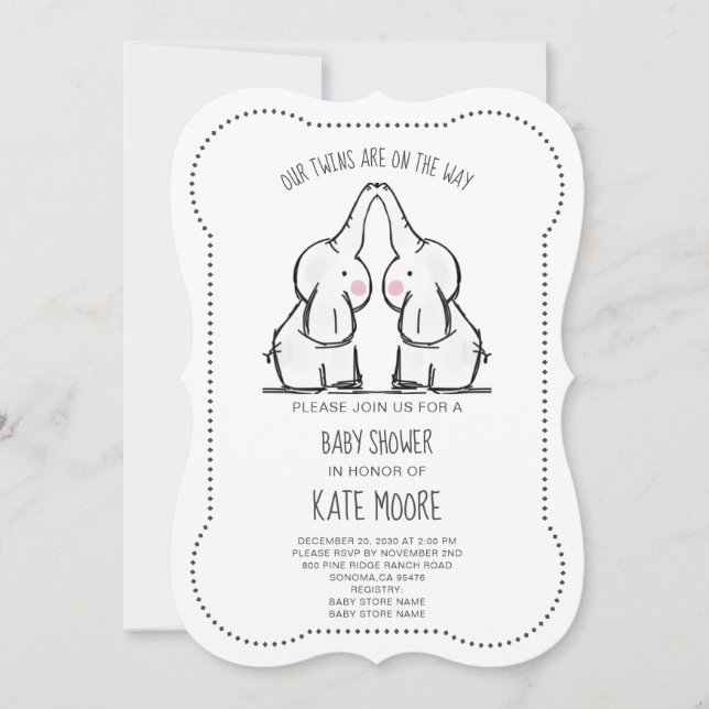 Invitation Baby shower des jumeaux Eléphant (Devant)
