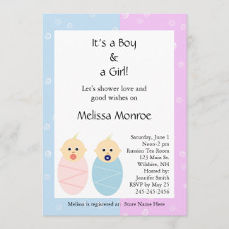 Invitation Baby shower des jumeaux roses et bleus