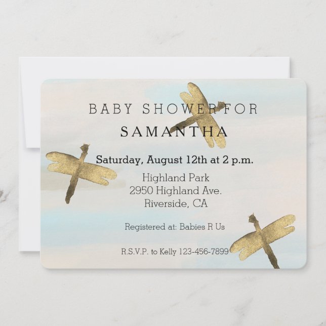 Invitation Baby shower des libellules d'or Watercolor (Devant)
