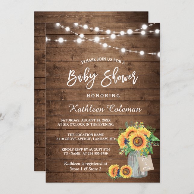 Invitation Baby shower des lumières de pot de tournesol rusti (Devant / Derrière)
