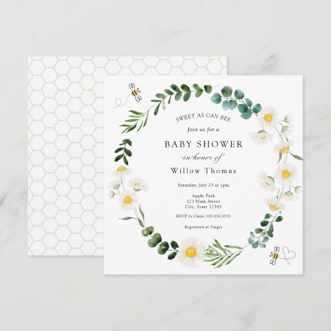 Invitation Baby shower des marguerites et des abeilles (Devant / Derrière)