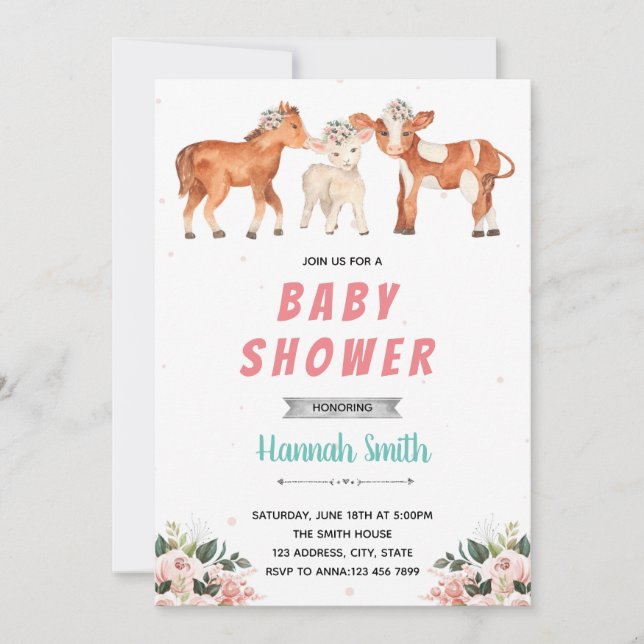 Invitation baby shower des moutons de la vache de ferme (Devant)