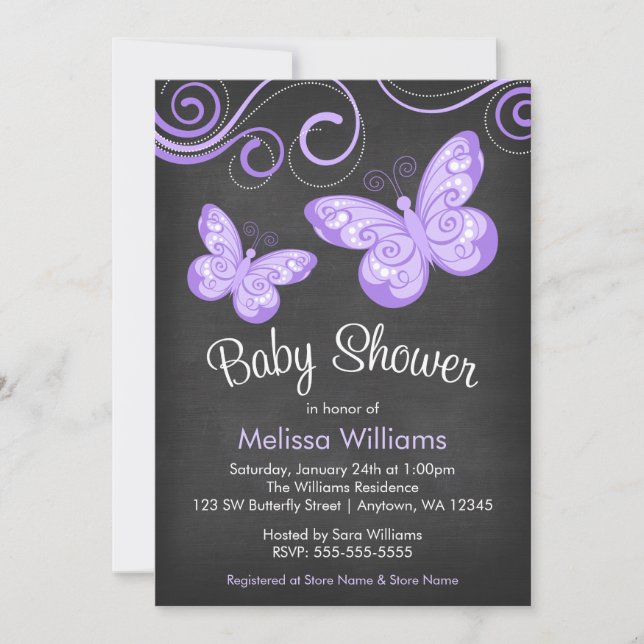 Invitation Baby shower des percées de papillon mauve en table (Devant)