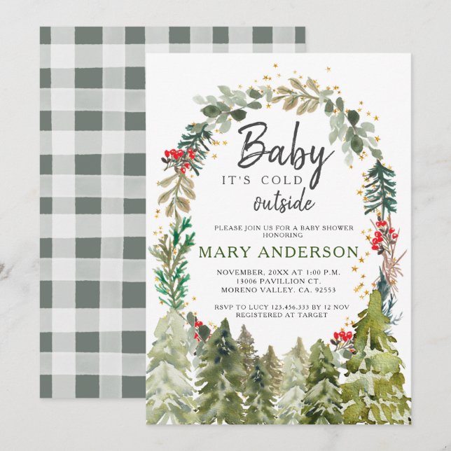 Invitation Baby shower des pins d'hiver aux fleurs vertes (Devant / Derrière)