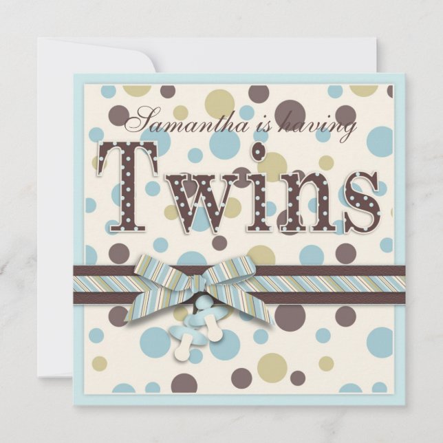 Invitation Baby shower des points Brown de Sage Bleu de TWIN  (Devant)