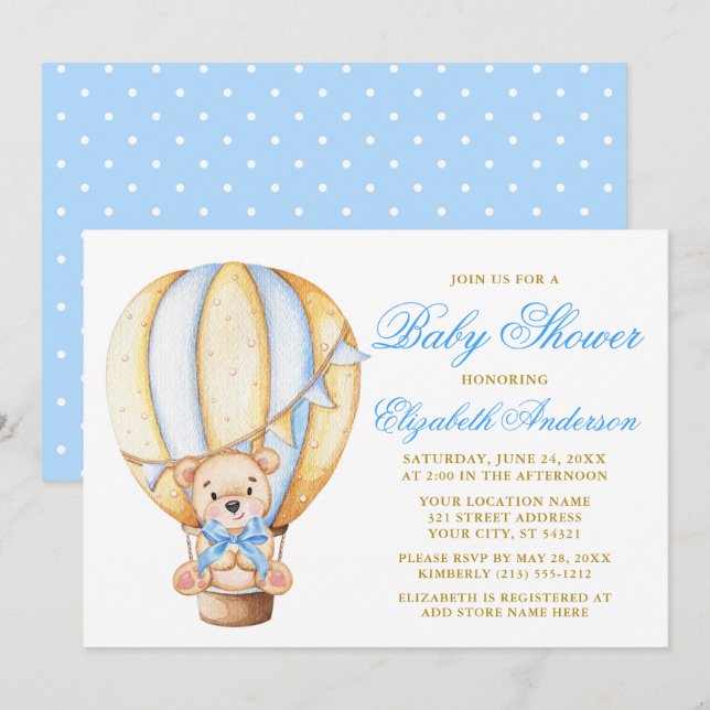 Invitation Baby shower des points de ballon à air Teddy Bear  (Devant / Derrière)