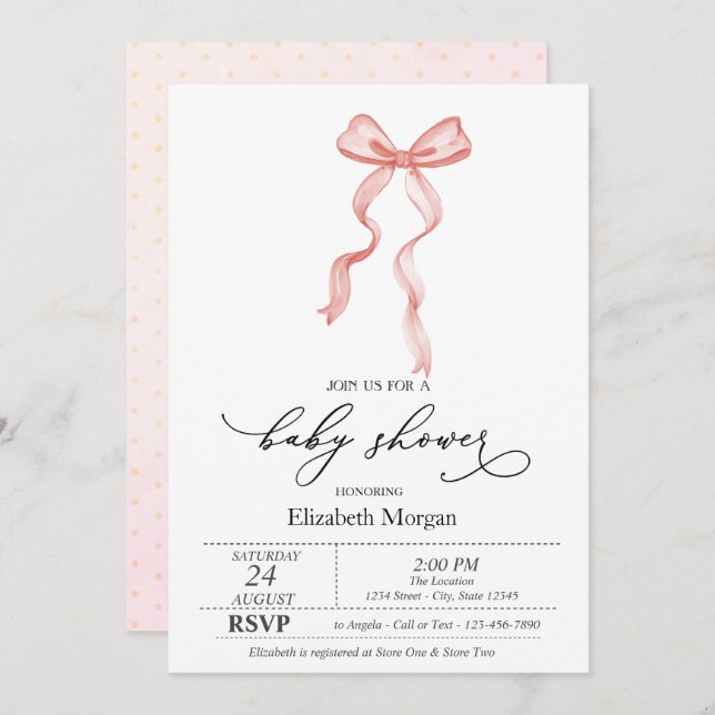 Invitation Baby shower des points de ruban rose Bow (Devant / Derrière)
