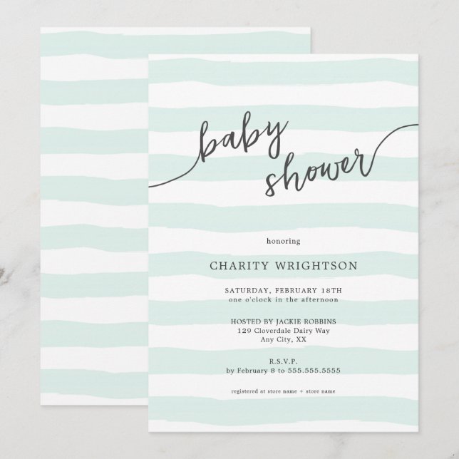 Invitation Baby shower des rayures d'aquarelle de menthe (Devant / Derrière)