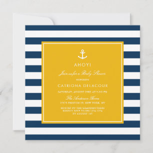 Invitation Baby shower des rayures marines bleu et jaune