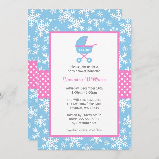 Invitation Baby shower des Snowflakes de transport rose et bl (Devant / Derrière)