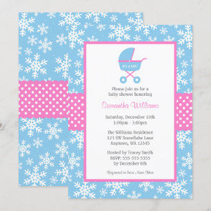 Invitation Baby shower des Snowflakes de transport rose et bl