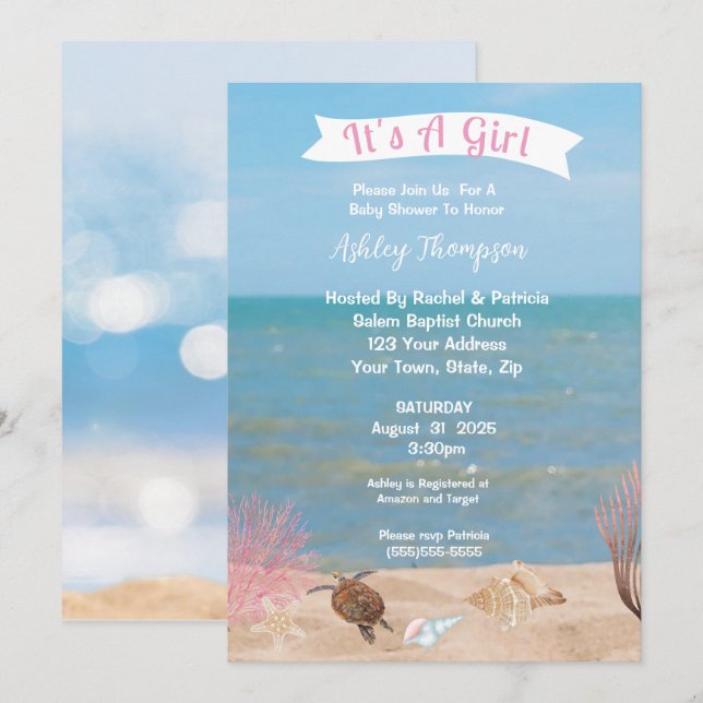 Invitation Baby shower des tortues de mer (Devant / Derrière)